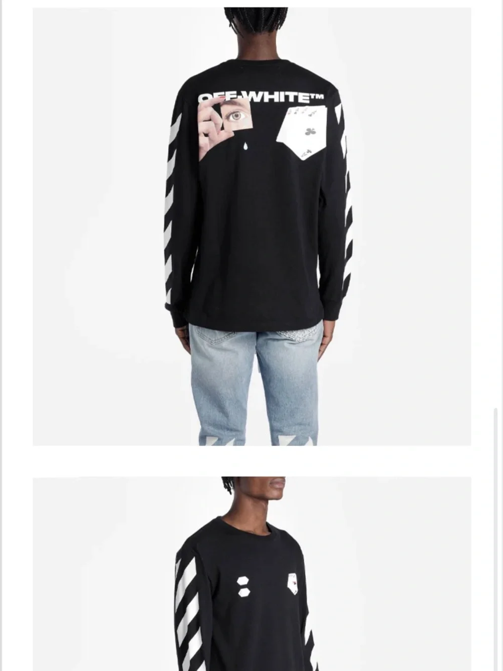 Off-White Black Crewneck Sweatshirt with White Diagonal Sleeve Stripes